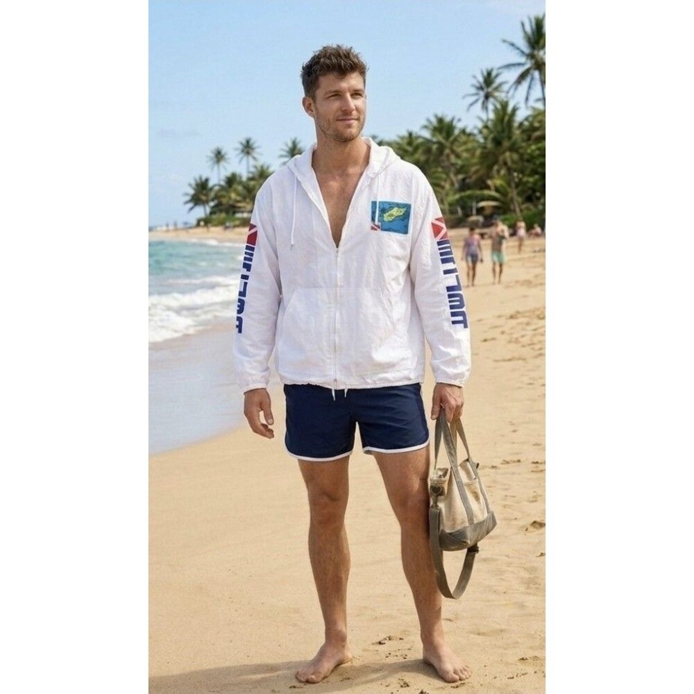 Cozumel Mexico Hoodie White Men Large Zip Beach Scuba Windbreaker Jacket FLAWS